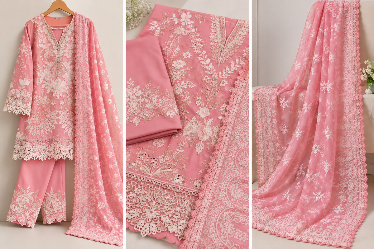 🌸 Pink Embroidered 3 Piece Suit With Embroidered Dupatta