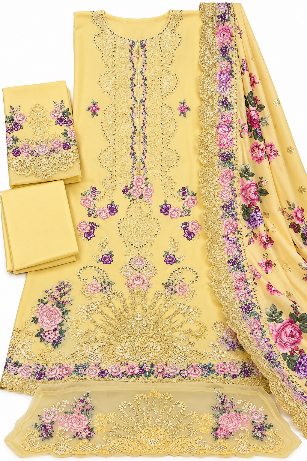 Yellow Dhanak 3 Piece Floral Embroidered Suit