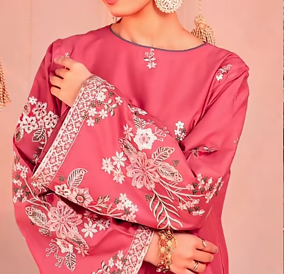 Embroidered Dusty Rose Pink Dhanak 3 Piece Suit