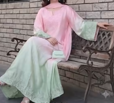 Mint Green Pink Embroidered Silk 2 Piece Suit
