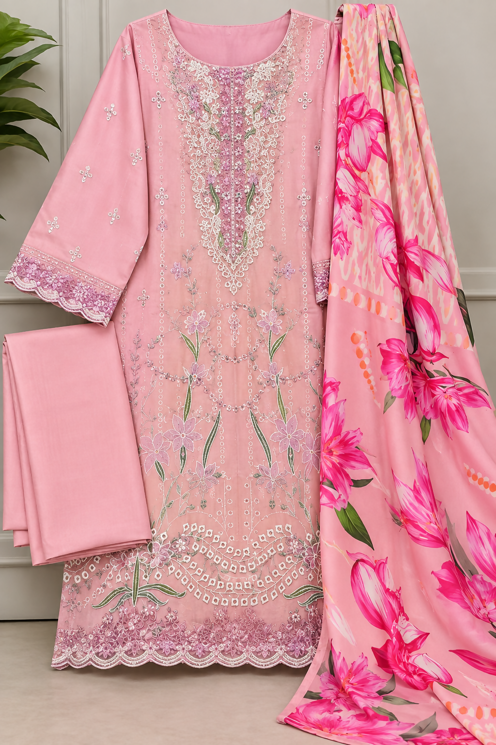 Pastel Pink Embroidered Dhanak 3 Piece Suit