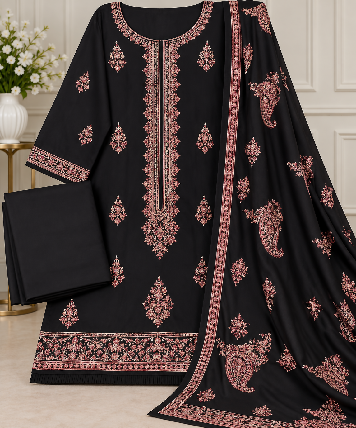 Black Embroidered Winter 3 Piece Suit