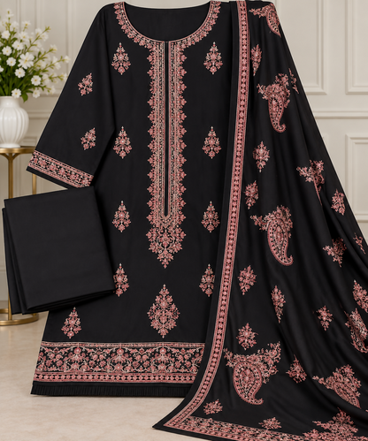 Black Embroidered Winter 3 Piece Suit
