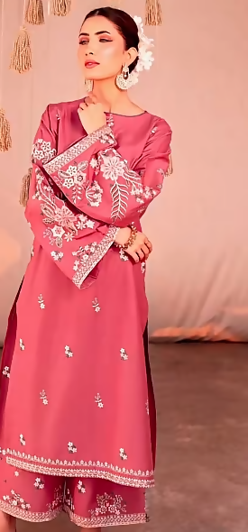 Embroidered Dusty Rose Pink Dhanak 3 Piece Suit