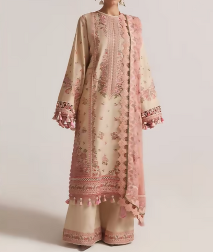 Beige 3 Piece Embroidered Suit with Pink Dupatta