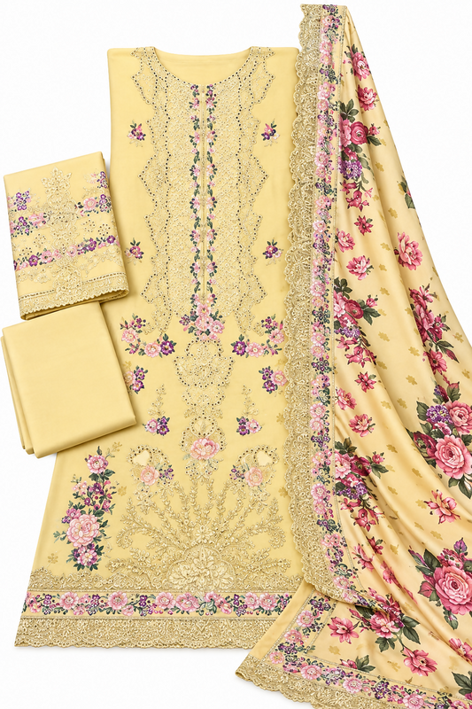 Yellow Dhanak 3 Piece Floral Embroidered Suit