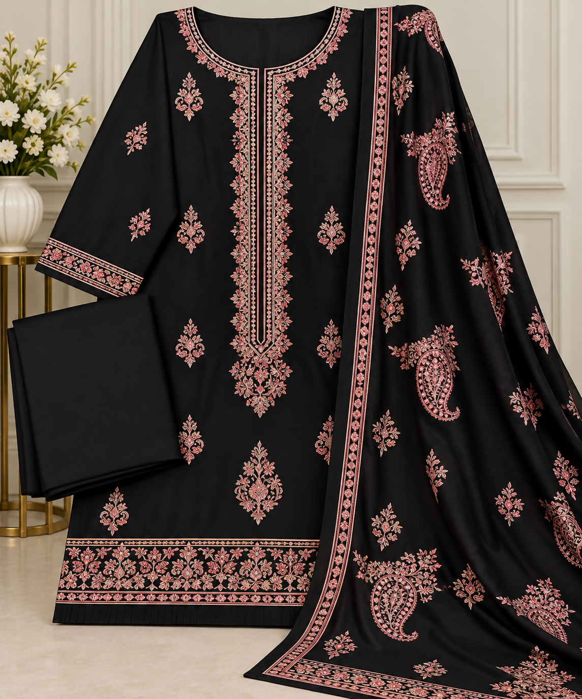 Black Embroidered Winter 3 Piece Suit