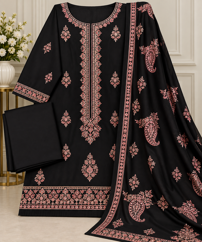 Black Embroidered Winter 3 Piece Suit