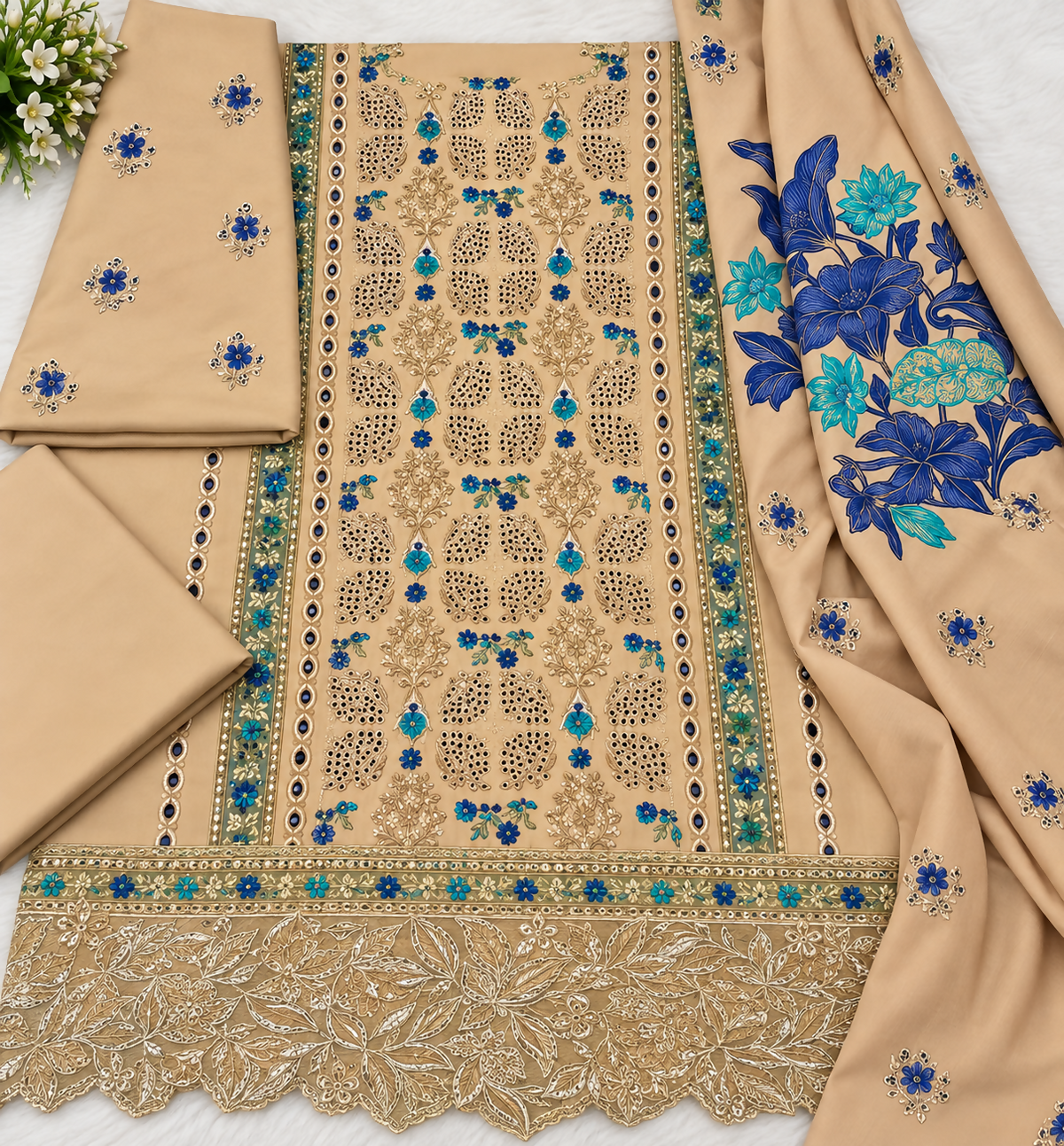 Beige 3 Piece Embroidered Suit with Peach Dupatta