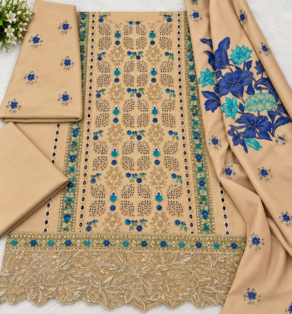 Beige 3 Piece Embroidered Suit with Peach Dupatta