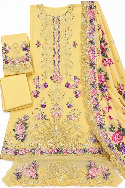 Yellow Dhanak 3 Piece Floral Embroidered Suit