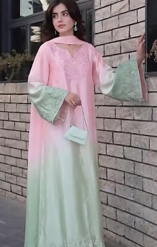 Mint Green Pink Embroidered Silk 2 Piece Suit