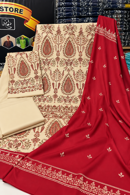 Dhanak 3 Piece Embroidered Suit with Red Dupatta