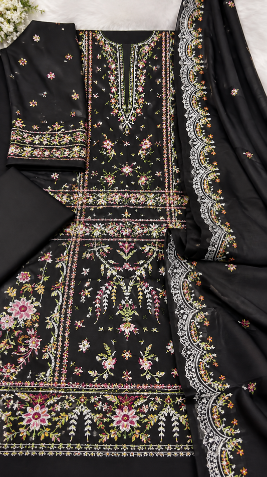 Black 3 Piece Embroidered Suit | Floral Design