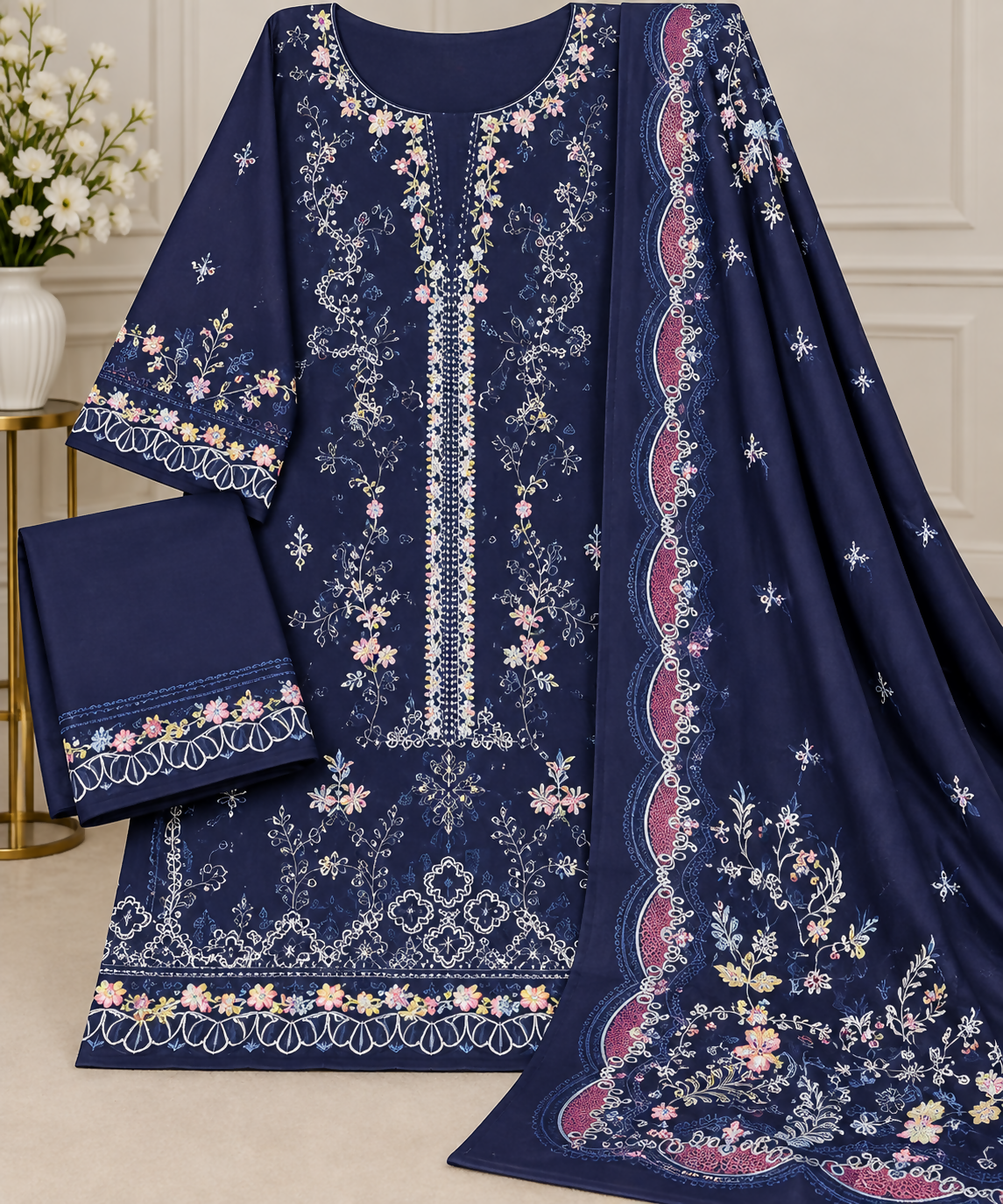 Navy Blue Embroidered Winter 3 Piece Suit