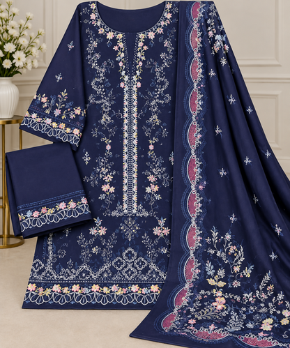 Navy Blue Embroidered Winter 3 Piece Suit