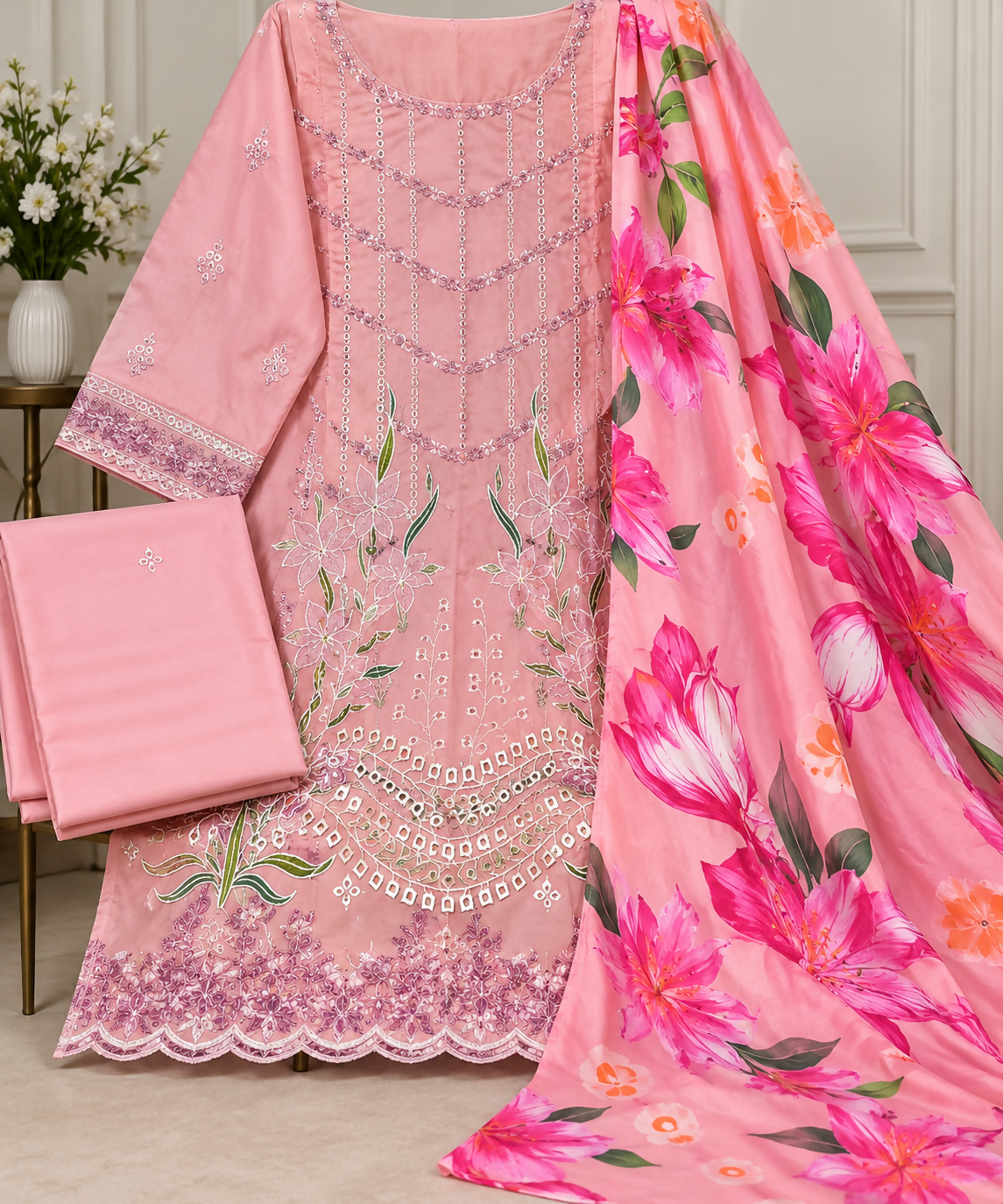 Pastel Pink Embroidered Dhanak 3 Piece Suit