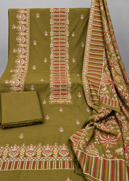 Olive Green Embroidered 3 Piece Suit