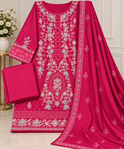 Fuchsia Pink Embroidered 3 Piece Suit