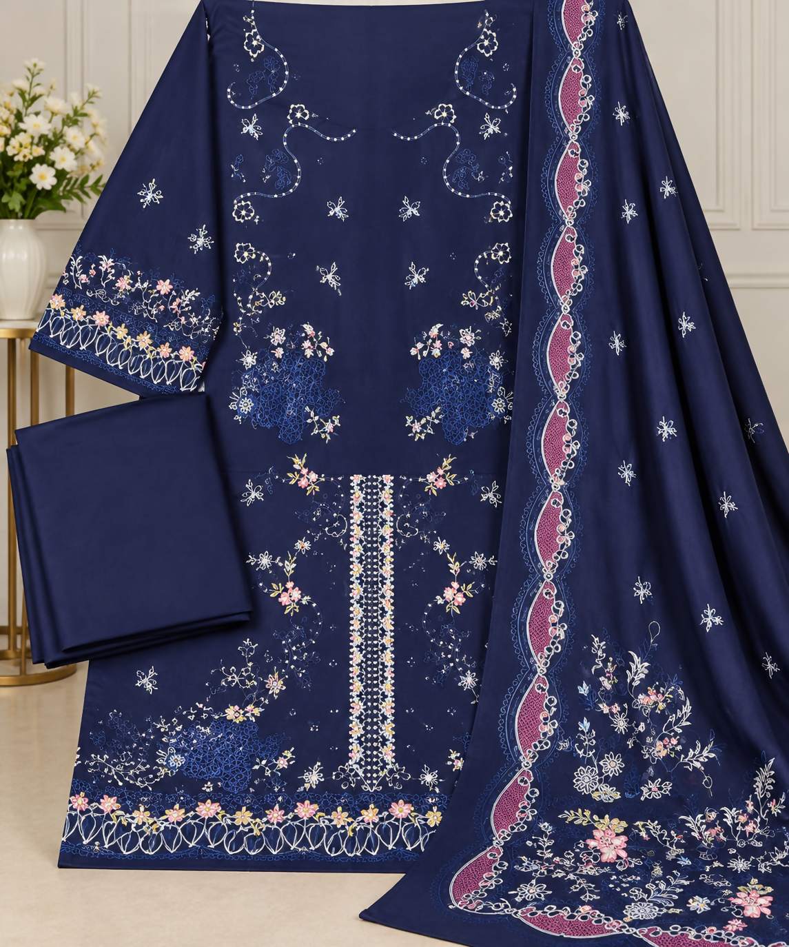Navy Blue Embroidered Winter 3 Piece Suit