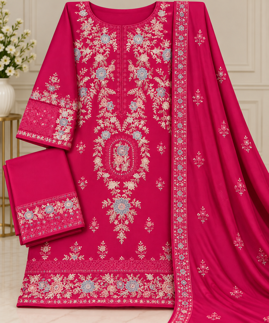 Fuchsia Pink Embroidered 3 Piece Suit