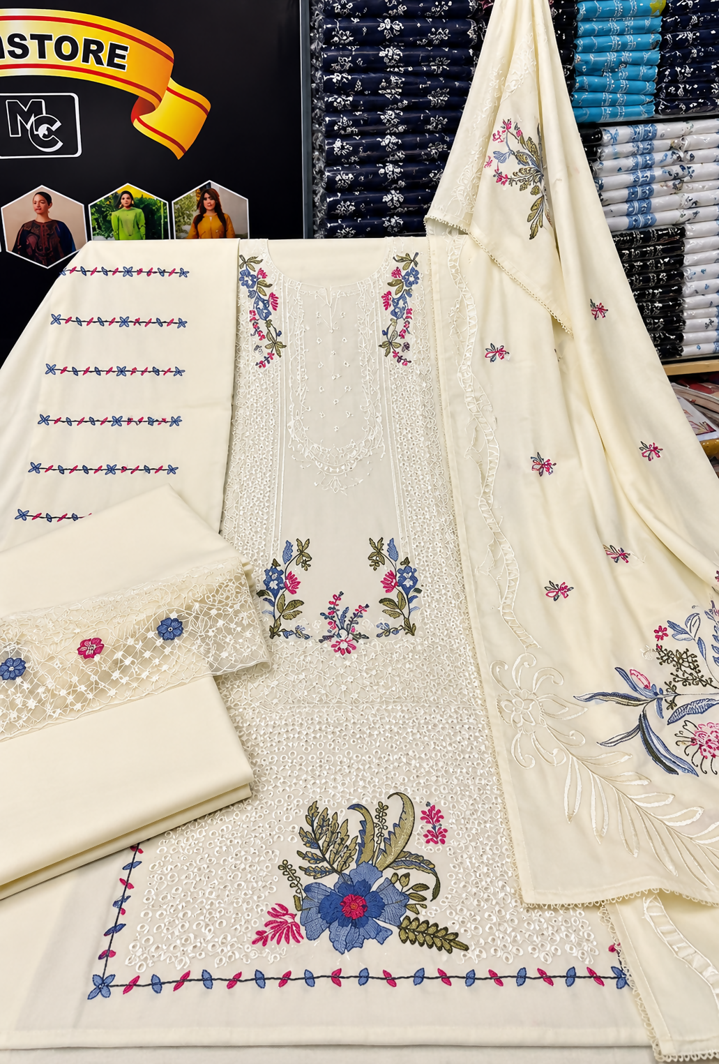 Dhanak 3 Piece Fully Embroidered Suit with Big Shawl