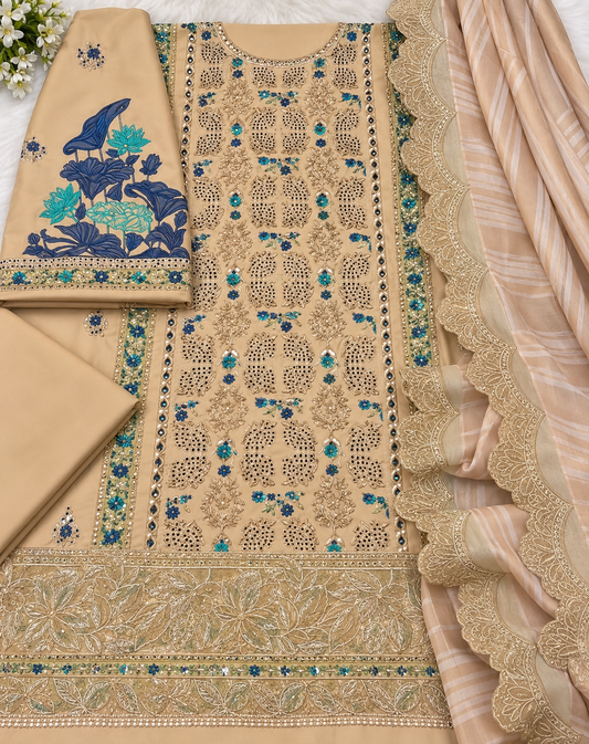 Beige 3 Piece Embroidered Suit with Peach Dupatta