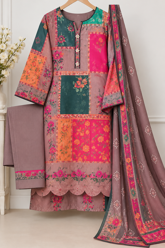 Brown Floral Printed Dupatta with Multicolor Border