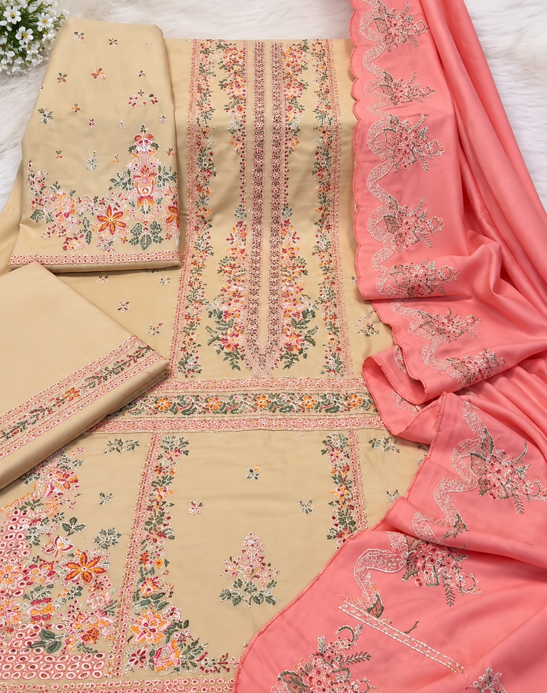 Beige 3 Piece Embroidered Suit with Pink Dupatta