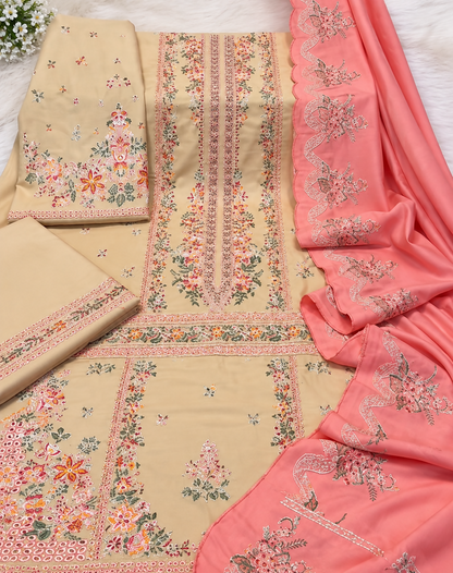Beige 3 Piece Embroidered Suit with Pink Dupatta